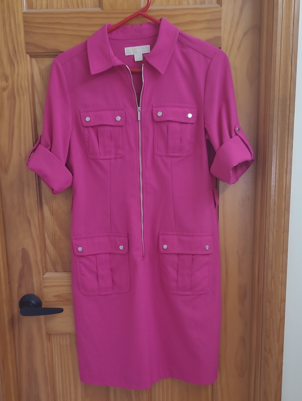Michael Kors Hot Pink Zip-Front Midi Shirt Dress
